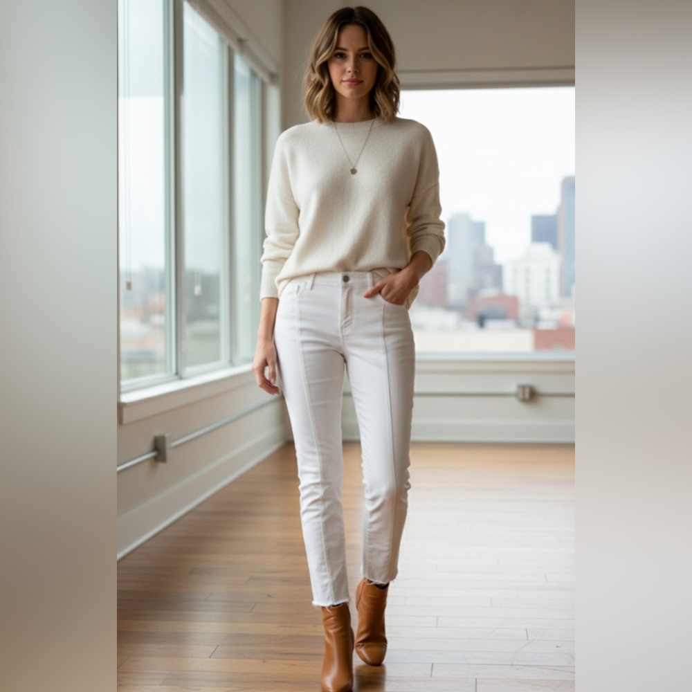 Free People Cream Denim Jeans with‎ Frayed Hem